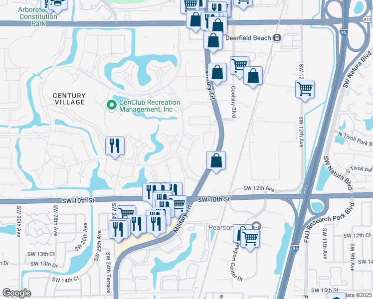 map of restaurants, bars, coffee shops, grocery stores, and more near 21 Richmond Crescent in Deerfield Beach