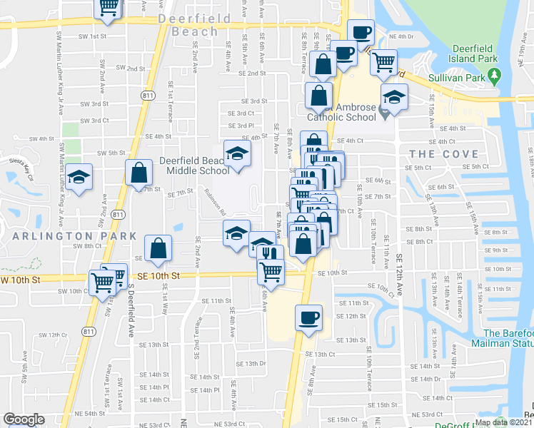 map of restaurants, bars, coffee shops, grocery stores, and more near 710 Southeast 6th Avenue in Deerfield Beach