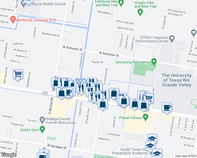 map of restaurants, bars, coffee shops, grocery stores, and more near 2107 Kimberly Lane in Edinburg