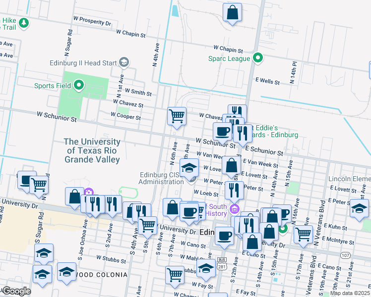 map of restaurants, bars, coffee shops, grocery stores, and more near 501 West Van Week Street in Edinburg