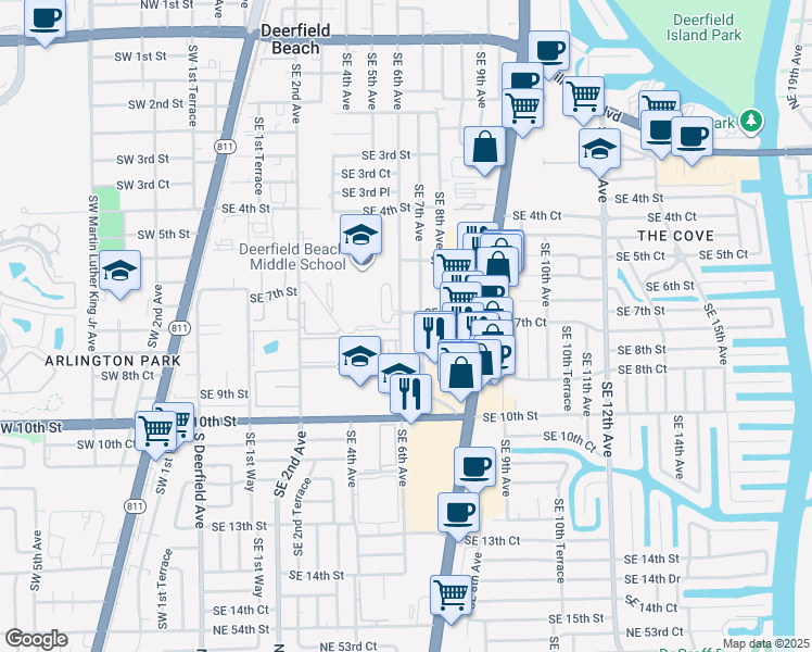 map of restaurants, bars, coffee shops, grocery stores, and more near 710 Southeast 6th Avenue in Deerfield Beach