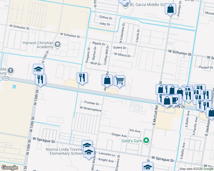map of restaurants, bars, coffee shops, grocery stores, and more near 3520 West Mill Wood Street in Edinburg