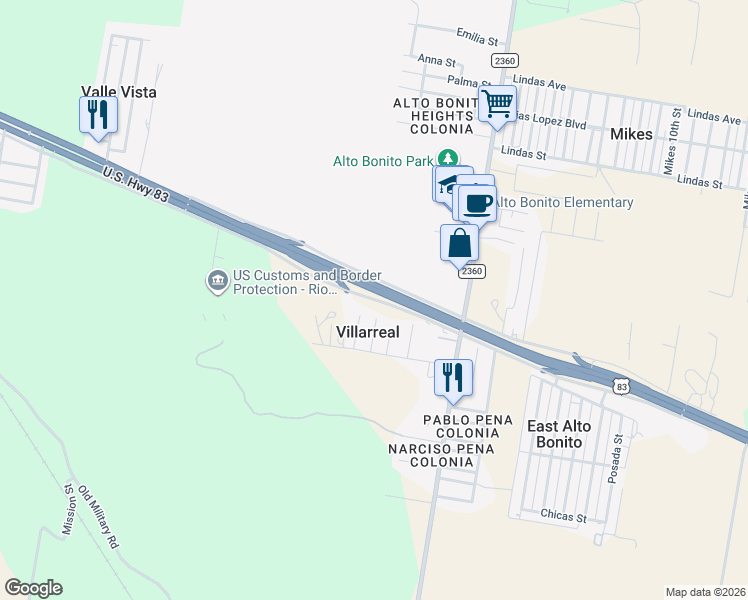 map of restaurants, bars, coffee shops, grocery stores, and more near U.S. 83 Frontage Road in Starr County