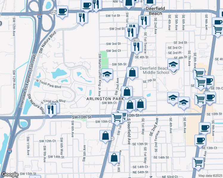 map of restaurants, bars, coffee shops, grocery stores, and more near 225 Southwest 7th Court in Deerfield Beach