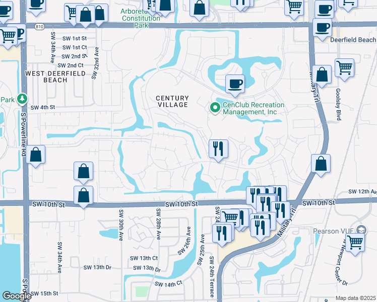 map of restaurants, bars, coffee shops, grocery stores, and more near 201 Markham J in Deerfield Beach