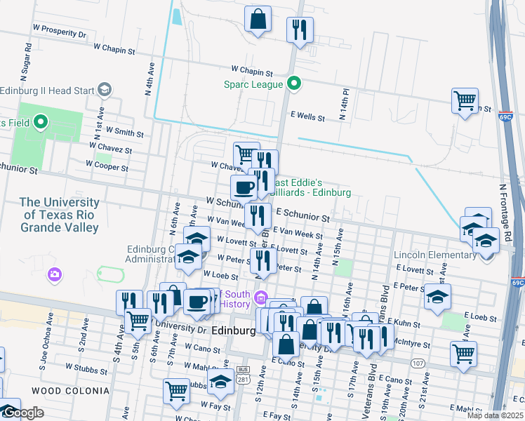 map of restaurants, bars, coffee shops, grocery stores, and more near 801 North Closner Boulevard in Edinburg