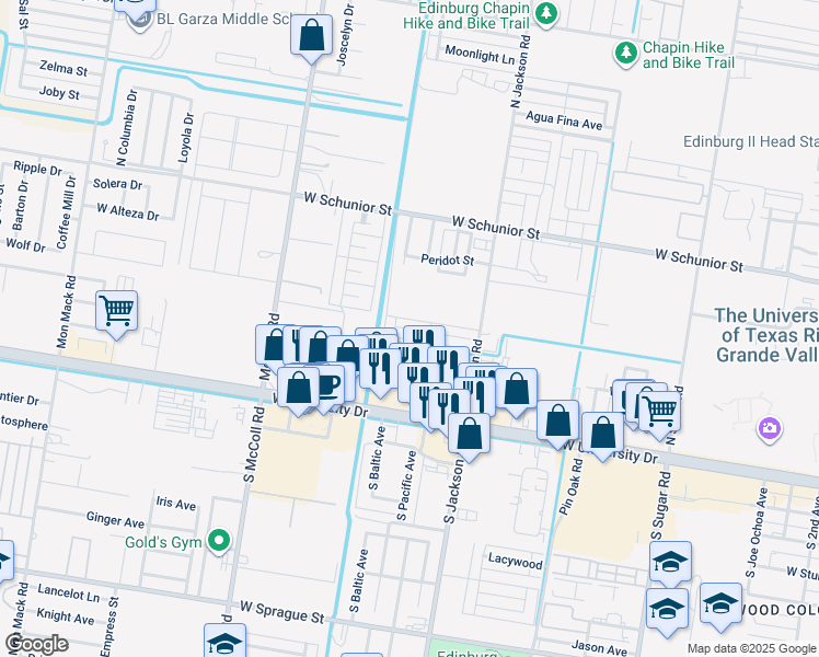 map of restaurants, bars, coffee shops, grocery stores, and more near 2401 Kimberly Lane in Edinburg