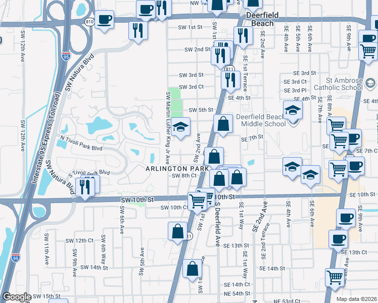 map of restaurants, bars, coffee shops, grocery stores, and more near 225 Southwest 7th Court in Deerfield Beach