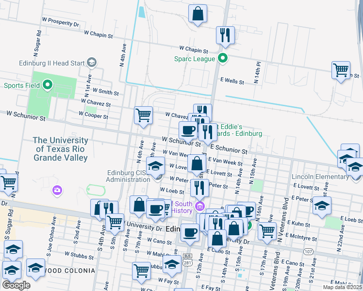 map of restaurants, bars, coffee shops, grocery stores, and more near 209 West Schunior Street in Edinburg
