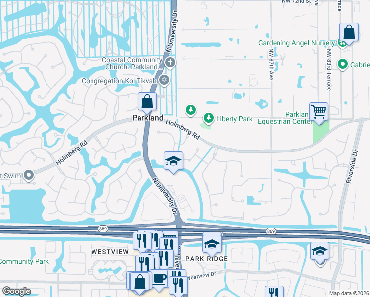 map of restaurants, bars, coffee shops, grocery stores, and more near 9262 Northwest 63rd Court in Parkland
