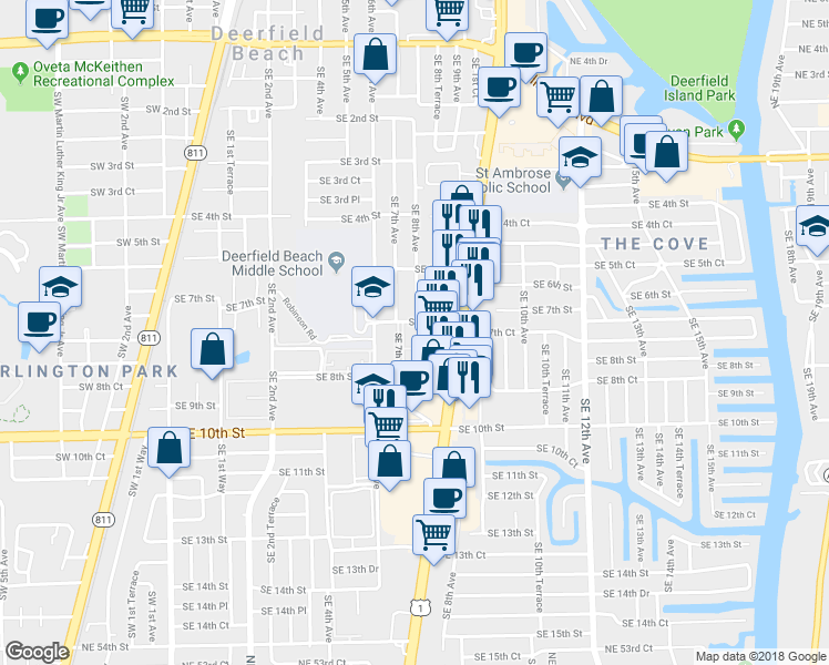 map of restaurants, bars, coffee shops, grocery stores, and more near 802 Southeast 7th Street in Deerfield Beach