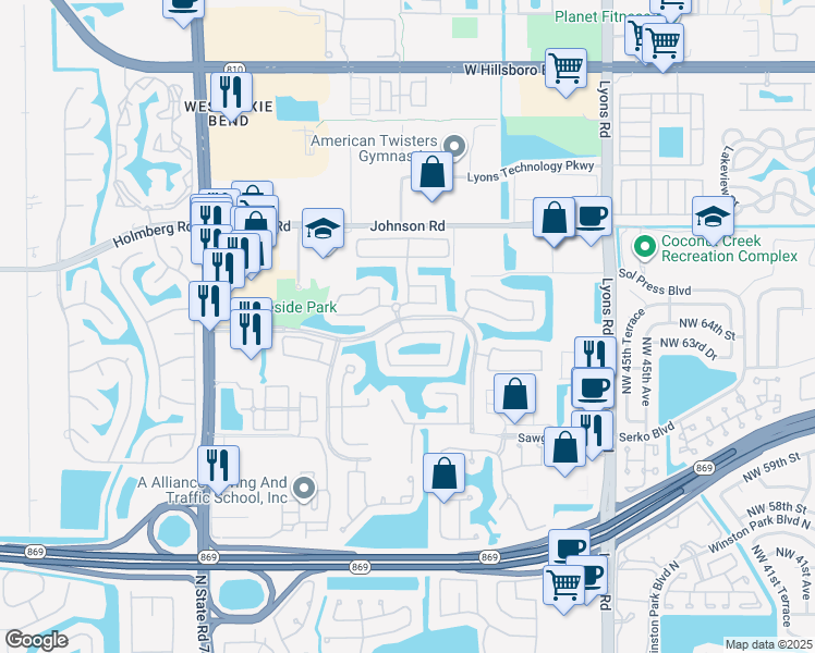 map of restaurants, bars, coffee shops, grocery stores, and more near 5033 Mallards Place in Coconut Creek