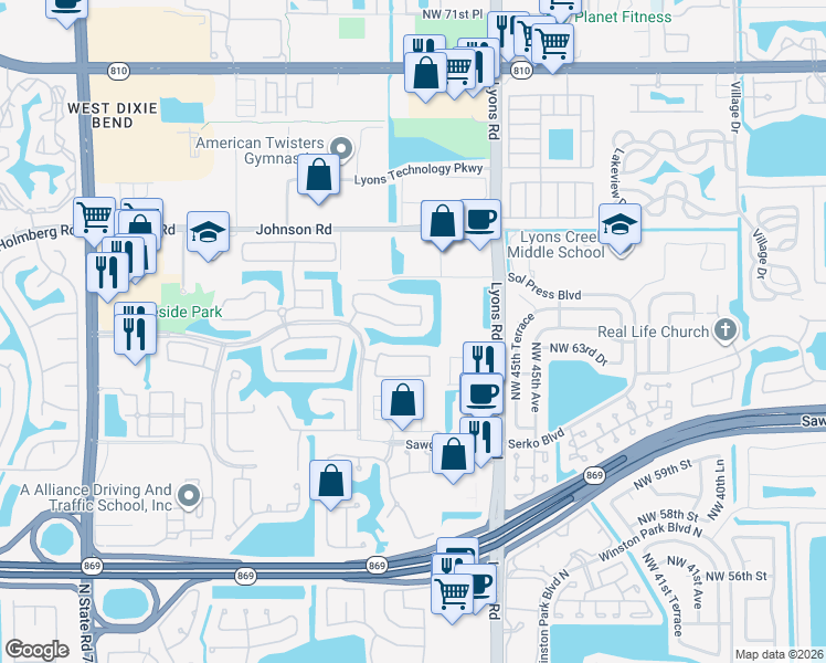 map of restaurants, bars, coffee shops, grocery stores, and more near 4940 Pelican Manor in Coconut Creek
