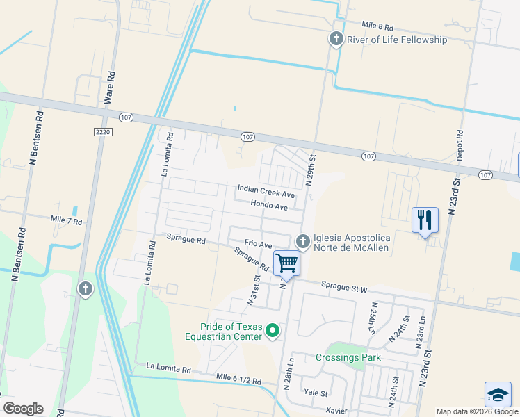 map of restaurants, bars, coffee shops, grocery stores, and more near 3101 Hondo Avenue in McAllen