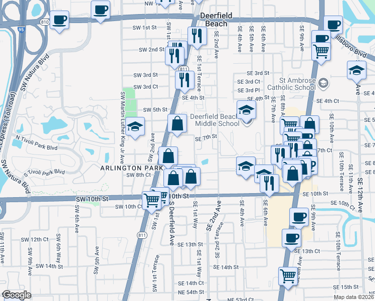 map of restaurants, bars, coffee shops, grocery stores, and more near 733 Southeast 1st Way in Deerfield Beach