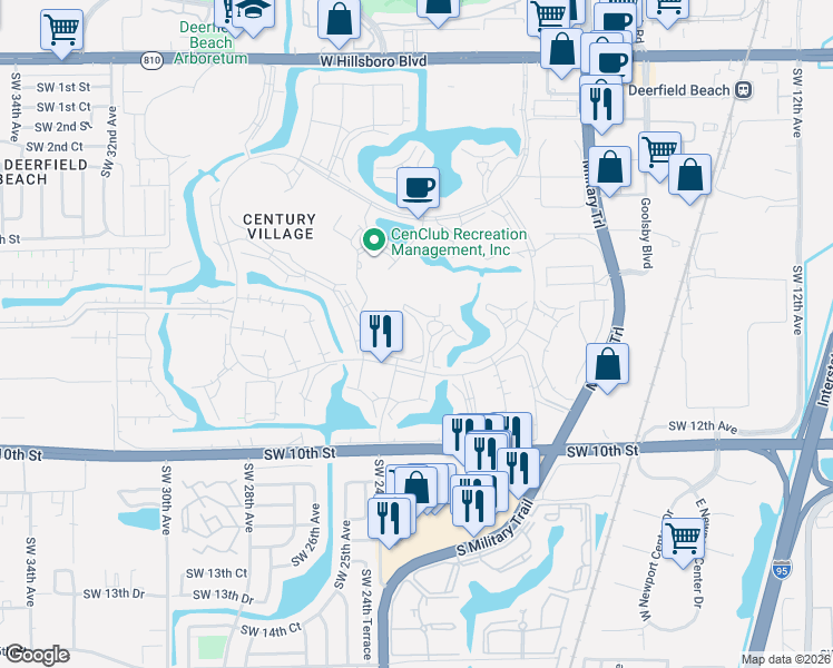 map of restaurants, bars, coffee shops, grocery stores, and more near 255 Grantham East in Deerfield Beach