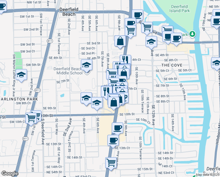 map of restaurants, bars, coffee shops, grocery stores, and more near 802 Southeast 7th Street in Deerfield Beach