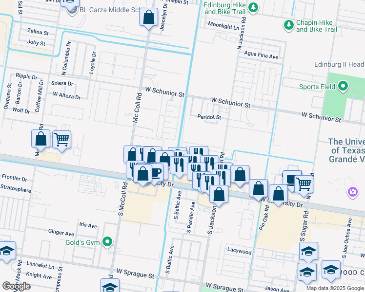map of restaurants, bars, coffee shops, grocery stores, and more near 307 Chestnut Avenue in Edinburg