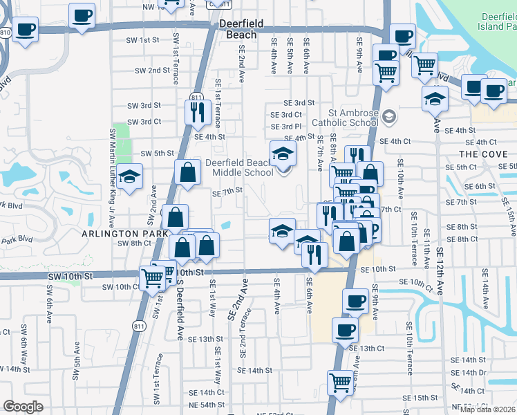 map of restaurants, bars, coffee shops, grocery stores, and more near 704 Southeast 2nd Avenue in Deerfield Beach