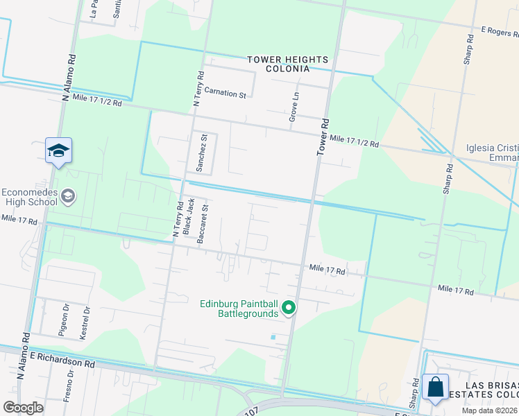map of restaurants, bars, coffee shops, grocery stores, and more near 6618 Roulette Street in Edinburg