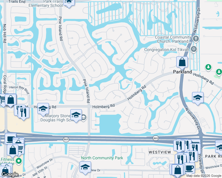 map of restaurants, bars, coffee shops, grocery stores, and more near 102 Eagle Trace Boulevard in Parkland