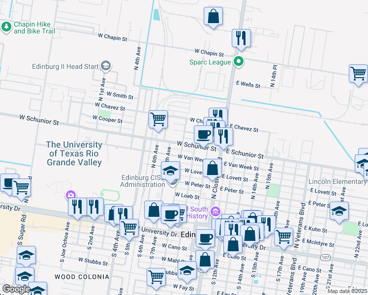 map of restaurants, bars, coffee shops, grocery stores, and more near 322 West Schunior Street in Edinburg