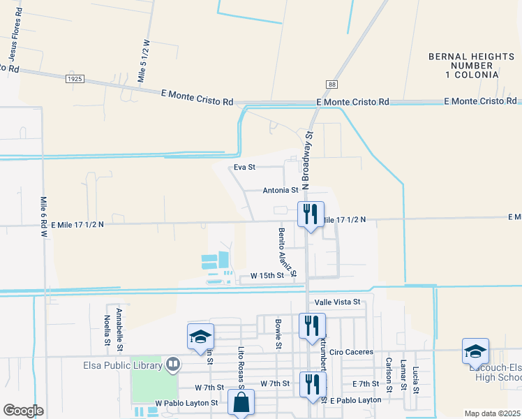 map of restaurants, bars, coffee shops, grocery stores, and more near 340 Eva Street in Elsa