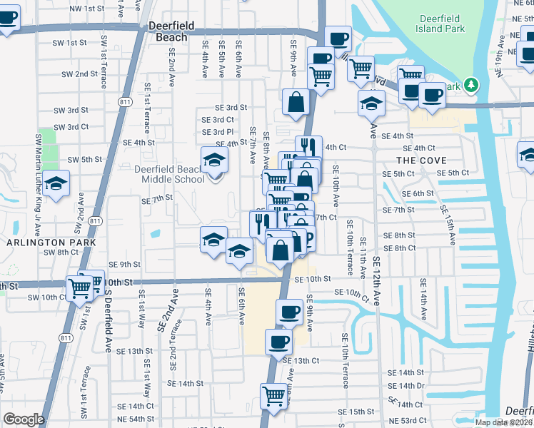 map of restaurants, bars, coffee shops, grocery stores, and more near 802 Southeast 7th Street in Deerfield Beach