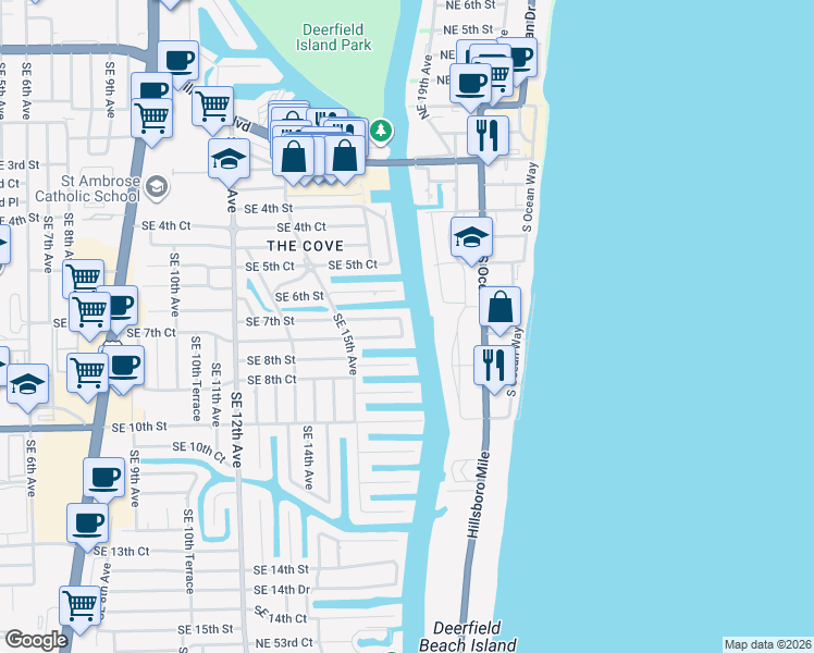 map of restaurants, bars, coffee shops, grocery stores, and more near 724 Southeast 17th Terrace in Deerfield Beach
