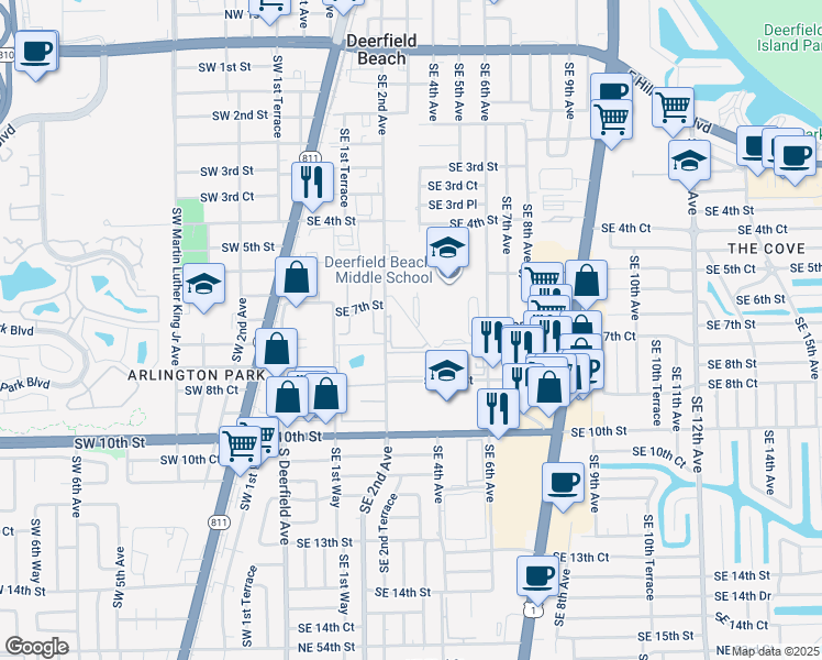map of restaurants, bars, coffee shops, grocery stores, and more near 704 Southeast 2nd Avenue in Deerfield Beach