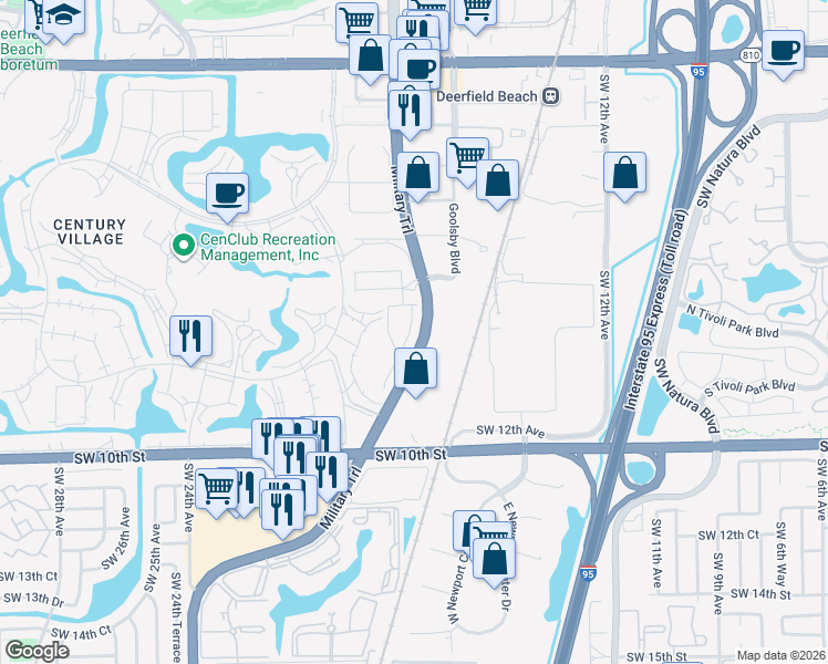 map of restaurants, bars, coffee shops, grocery stores, and more near 692 South Military Trail in Deerfield Beach