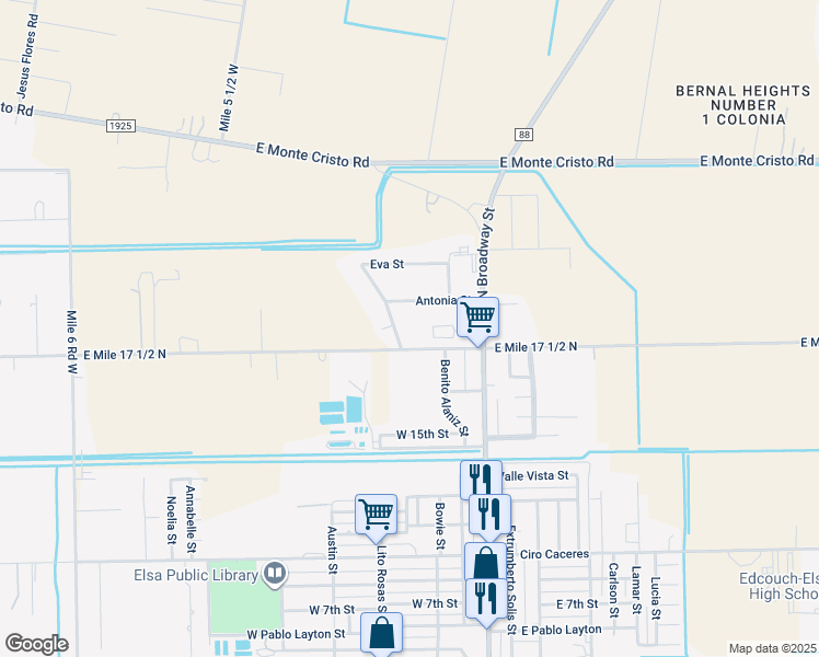 map of restaurants, bars, coffee shops, grocery stores, and more near 340 Eva Street in Elsa