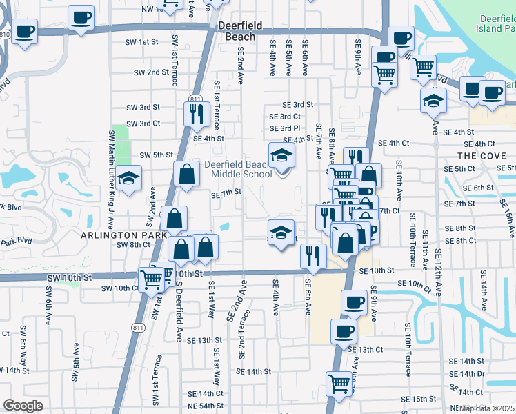 map of restaurants, bars, coffee shops, grocery stores, and more near 704 Southeast 2nd Avenue in Deerfield Beach