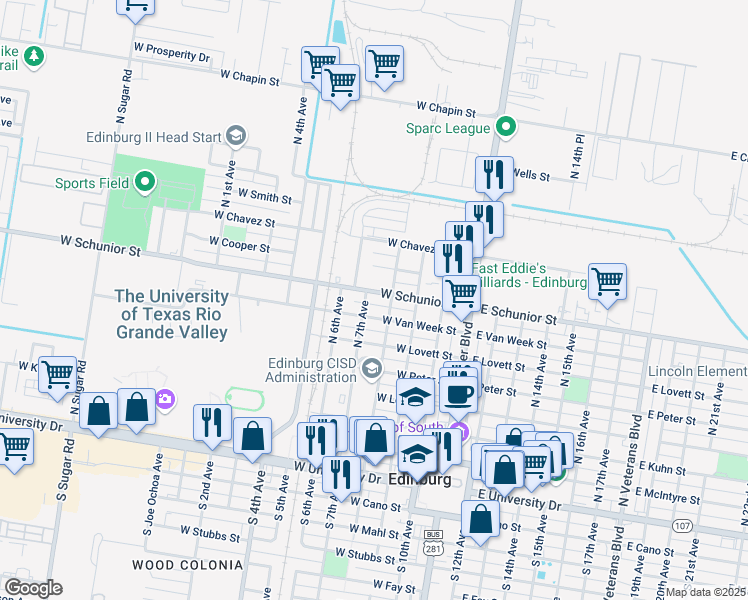 map of restaurants, bars, coffee shops, grocery stores, and more near 501 West Van Week Street in Edinburg
