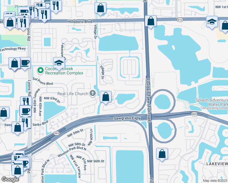 map of restaurants, bars, coffee shops, grocery stores, and more near 6373 Northwest 40th Avenue in Coconut Creek