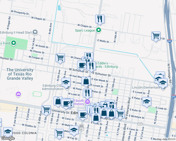 map of restaurants, bars, coffee shops, grocery stores, and more near 801 North Closner Boulevard in Edinburg