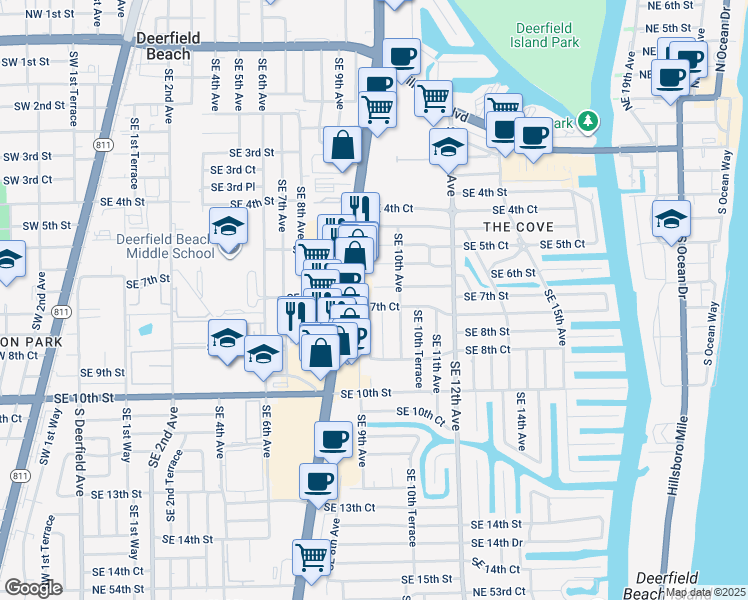 map of restaurants, bars, coffee shops, grocery stores, and more near 913 Southeast 7th Court in Deerfield Beach
