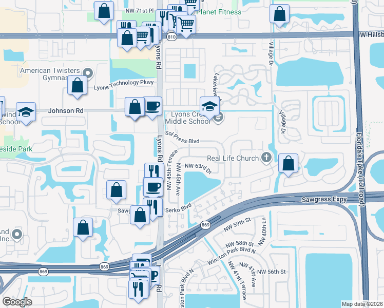 map of restaurants, bars, coffee shops, grocery stores, and more near 4457 Northwest 64th Street in Coconut Creek