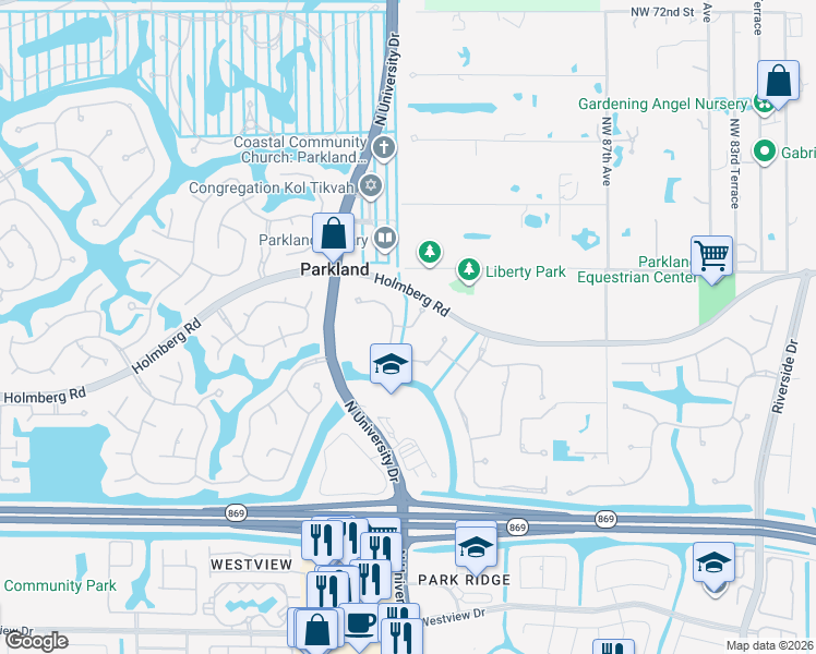 map of restaurants, bars, coffee shops, grocery stores, and more near 9262 Northwest 63rd Court in Parkland