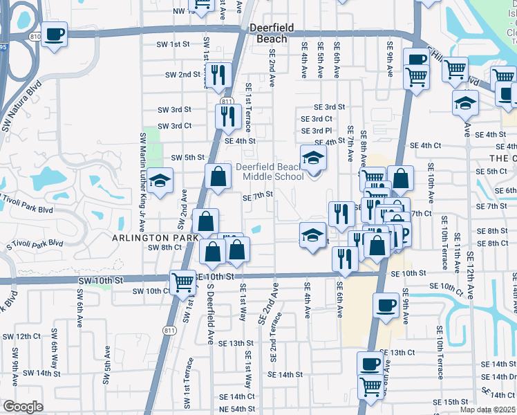 map of restaurants, bars, coffee shops, grocery stores, and more near 180 Southeast 7th Street in Deerfield Beach