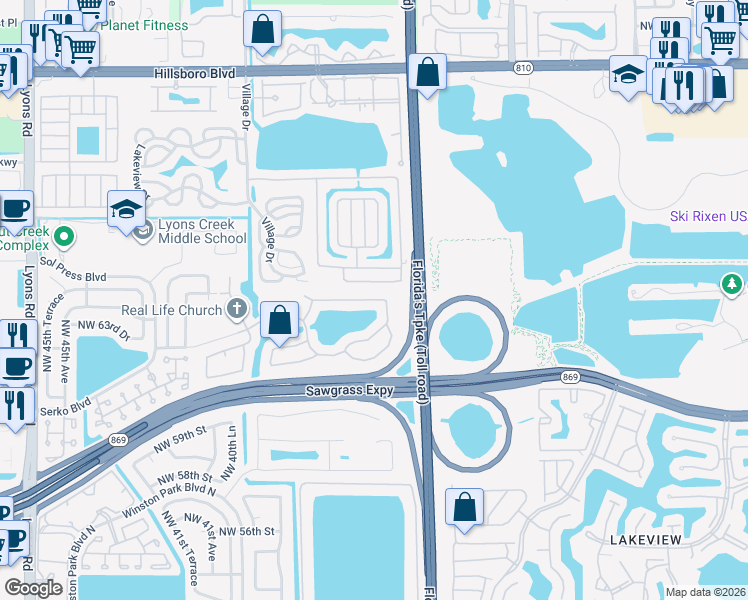 map of restaurants, bars, coffee shops, grocery stores, and more near 3692 Northwest 63rd Court in Coconut Creek