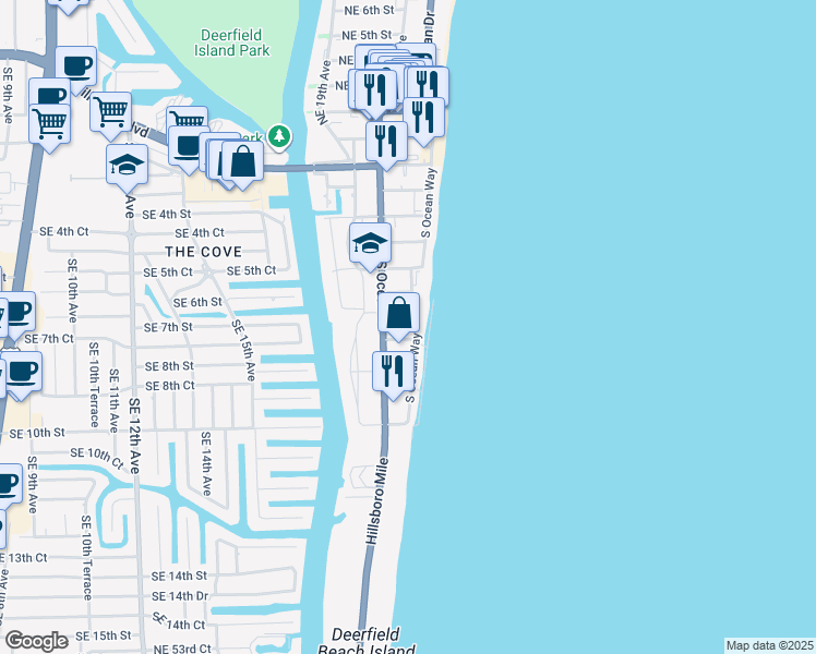 map of restaurants, bars, coffee shops, grocery stores, and more near 664 Northeast 21st Avenue in Deerfield Beach