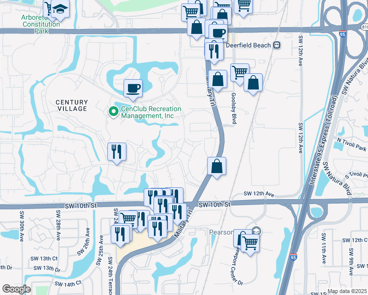 map of restaurants, bars, coffee shops, grocery stores, and more near 21 Richmond Crescent in Deerfield Beach