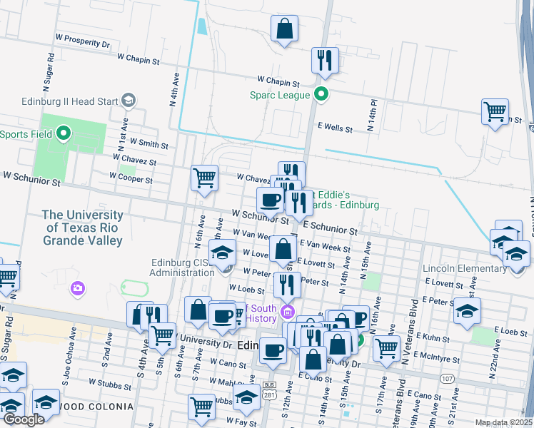 map of restaurants, bars, coffee shops, grocery stores, and more near 209 West Schunior Street in Edinburg