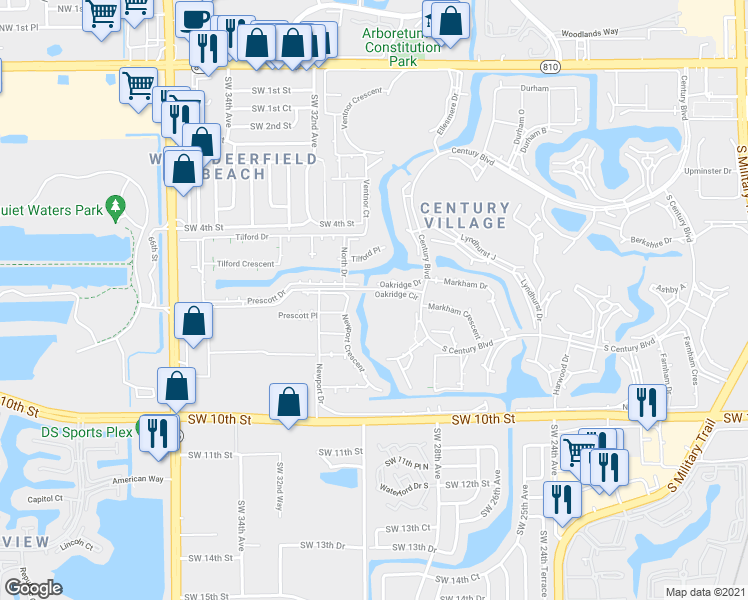 map of restaurants, bars, coffee shops, grocery stores, and more near 22 Oakridge C in Deerfield Beach
