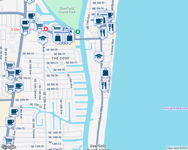 map of restaurants, bars, coffee shops, grocery stores, and more near 629 Southeast 19th Avenue in Deerfield Beach