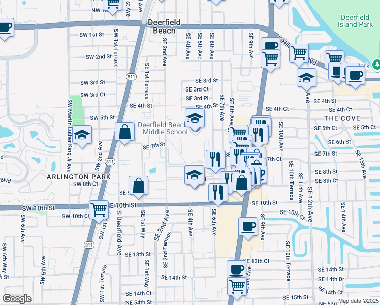 map of restaurants, bars, coffee shops, grocery stores, and more near 199 Robinson Road in Deerfield Beach