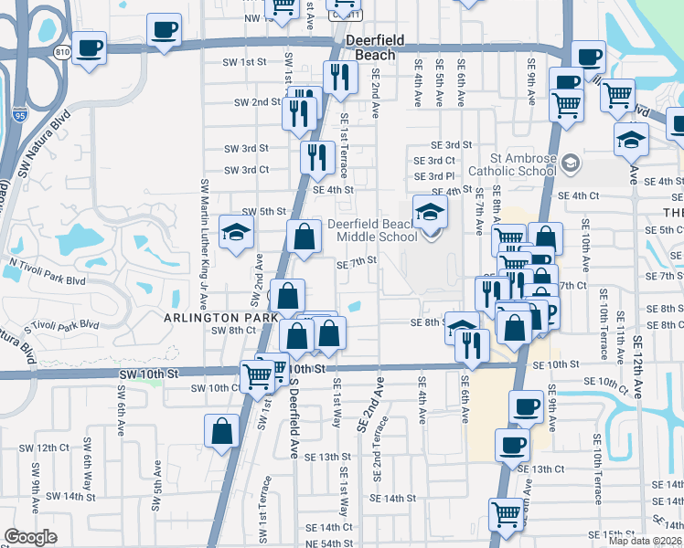 map of restaurants, bars, coffee shops, grocery stores, and more near 733 Southeast 1st Way in Deerfield Beach
