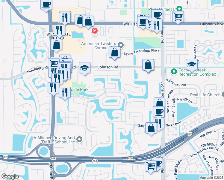 map of restaurants, bars, coffee shops, grocery stores, and more near 5033 Mallards Place in Coconut Creek