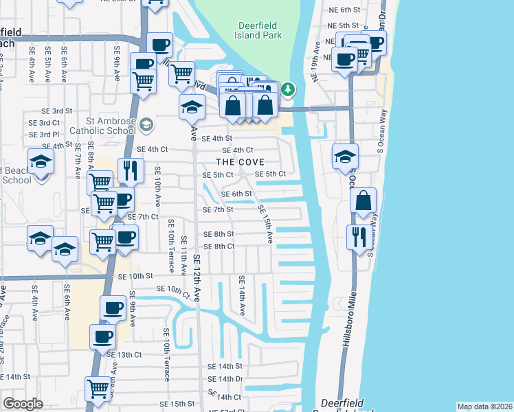map of restaurants, bars, coffee shops, grocery stores, and more near 1464 Southeast 7th Street in Deerfield Beach